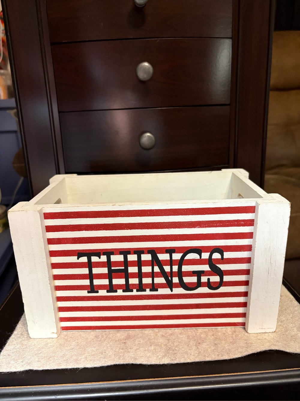 Wooden 'THINGS' Storage Crate - White and Red Striped